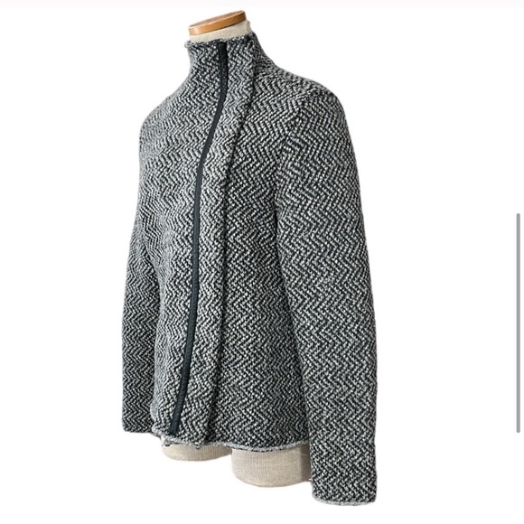 Eileen Fisher Jacket Leather Trim Organic Wool Alpaca Gray Chevron Size Medium - Picture 2 of 6